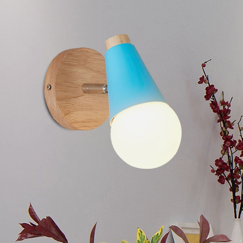 Macaron Loft Sweet Cone Wall Light with Metal/Wood Backplate Rotatable Single Light Wall Lamp in Blue/Green/Pink for Corridor Clearhalo 'Cast Iron' 'Glass' 'Industrial' 'Modern wall lights' 'Modern' 'Tiffany' 'Traditional wall lights' 'Wall Lamps & Sconces' 'Wall Lights' Lighting' 1127992