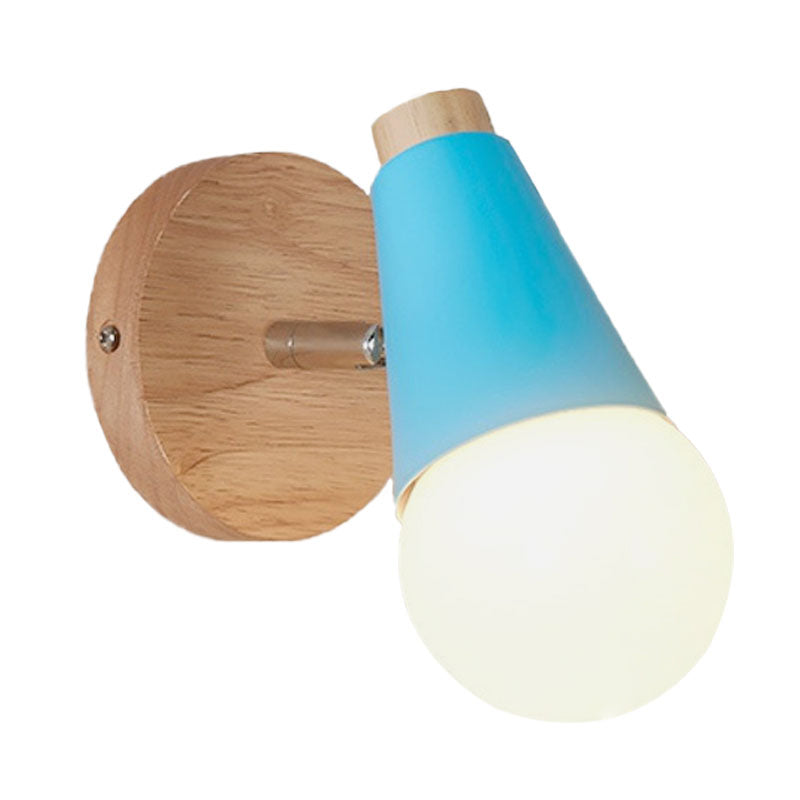 Macaron Loft Sweet Cone Wall Light with Metal/Wood Backplate Rotatable Single Light Wall Lamp in Blue/Green/Pink for Corridor Clearhalo 'Cast Iron' 'Glass' 'Industrial' 'Modern wall lights' 'Modern' 'Tiffany' 'Traditional wall lights' 'Wall Lamps & Sconces' 'Wall Lights' Lighting' 1127993