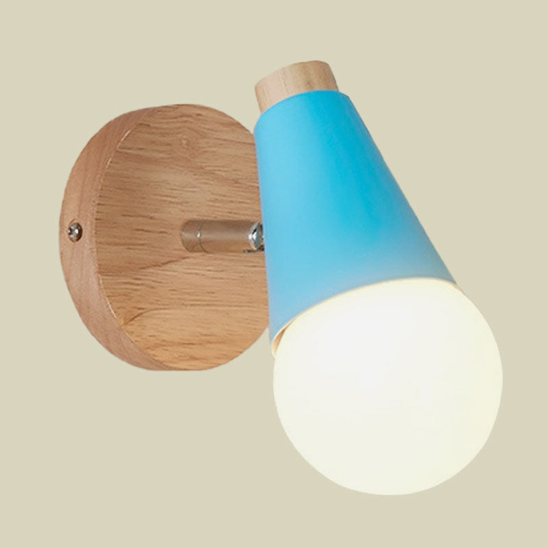 Macaron Loft Sweet Cone Wall Light with Metal/Wood Backplate Rotatable Single Light Wall Lamp in Blue/Green/Pink for Corridor Clearhalo 'Cast Iron' 'Glass' 'Industrial' 'Modern wall lights' 'Modern' 'Tiffany' 'Traditional wall lights' 'Wall Lamps & Sconces' 'Wall Lights' Lighting' 1127994