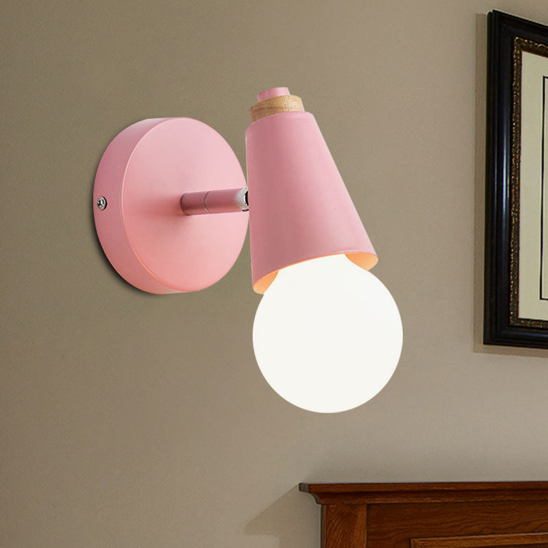 Macaron Loft Sweet Cone Wall Light with Metal/Wood Backplate Rotatable Single Light Wall Lamp in Blue/Green/Pink for Corridor Pink Metal Clearhalo 'Cast Iron' 'Glass' 'Industrial' 'Modern wall lights' 'Modern' 'Tiffany' 'Traditional wall lights' 'Wall Lamps & Sconces' 'Wall Lights' Lighting' 1127995