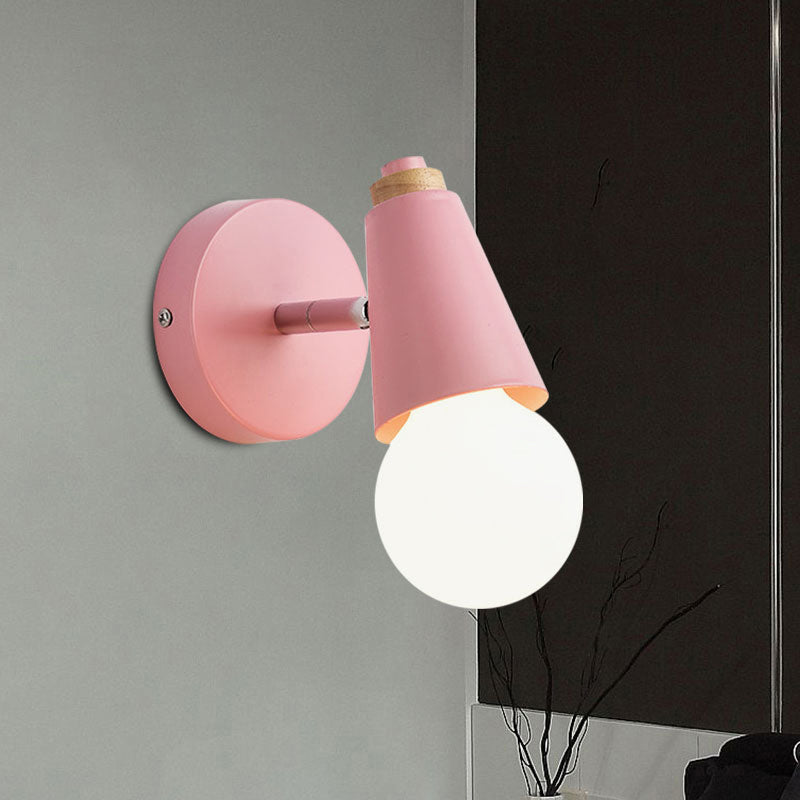 Macaron Loft Sweet Cone Wall Light with Metal/Wood Backplate Rotatable Single Light Wall Lamp in Blue/Green/Pink for Corridor Clearhalo 'Cast Iron' 'Glass' 'Industrial' 'Modern wall lights' 'Modern' 'Tiffany' 'Traditional wall lights' 'Wall Lamps & Sconces' 'Wall Lights' Lighting' 1127996