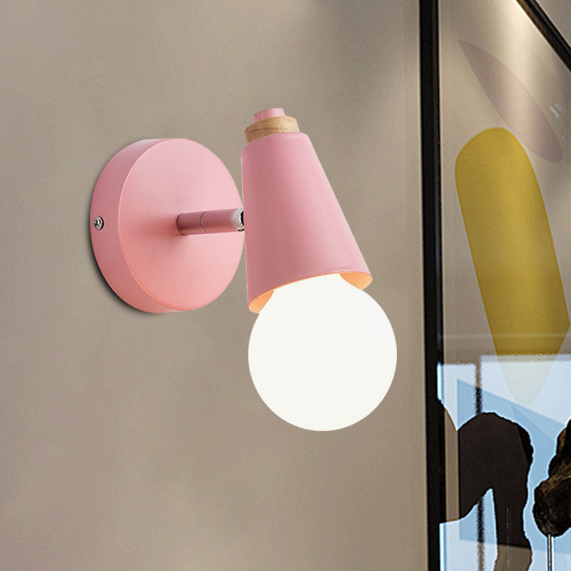 Macaron Loft Sweet Cone Wall Light with Metal/Wood Backplate Rotatable Single Light Wall Lamp in Blue/Green/Pink for Corridor Clearhalo 'Cast Iron' 'Glass' 'Industrial' 'Modern wall lights' 'Modern' 'Tiffany' 'Traditional wall lights' 'Wall Lamps & Sconces' 'Wall Lights' Lighting' 1127997