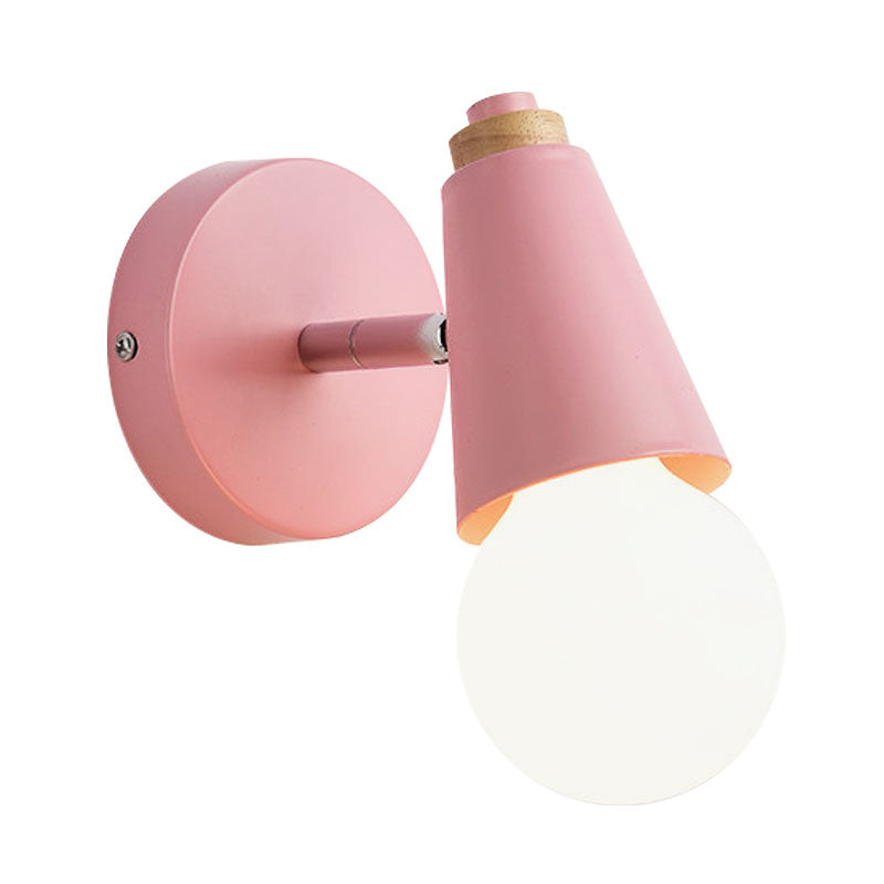 Macaron Loft Sweet Cone Wall Light with Metal/Wood Backplate Rotatable Single Light Wall Lamp in Blue/Green/Pink for Corridor Clearhalo 'Cast Iron' 'Glass' 'Industrial' 'Modern wall lights' 'Modern' 'Tiffany' 'Traditional wall lights' 'Wall Lamps & Sconces' 'Wall Lights' Lighting' 1127998