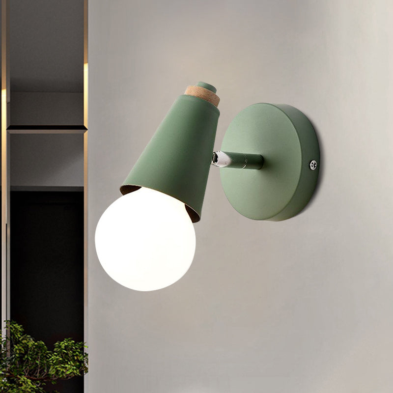 Macaron Loft Sweet Cone Wall Light with Metal/Wood Backplate Rotatable Single Light Wall Lamp in Blue/Green/Pink for Corridor Green Metal Clearhalo 'Cast Iron' 'Glass' 'Industrial' 'Modern wall lights' 'Modern' 'Tiffany' 'Traditional wall lights' 'Wall Lamps & Sconces' 'Wall Lights' Lighting' 1127999