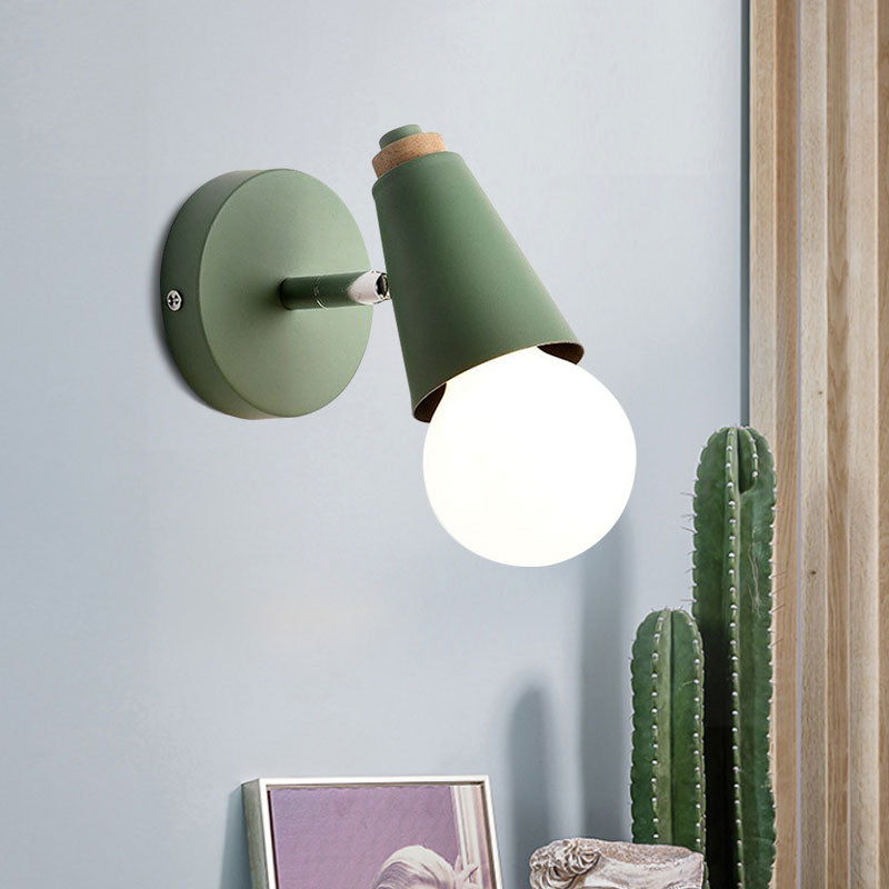 Macaron Loft Sweet Cone Wall Light with Metal/Wood Backplate Rotatable Single Light Wall Lamp in Blue/Green/Pink for Corridor Clearhalo 'Cast Iron' 'Glass' 'Industrial' 'Modern wall lights' 'Modern' 'Tiffany' 'Traditional wall lights' 'Wall Lamps & Sconces' 'Wall Lights' Lighting' 1128000
