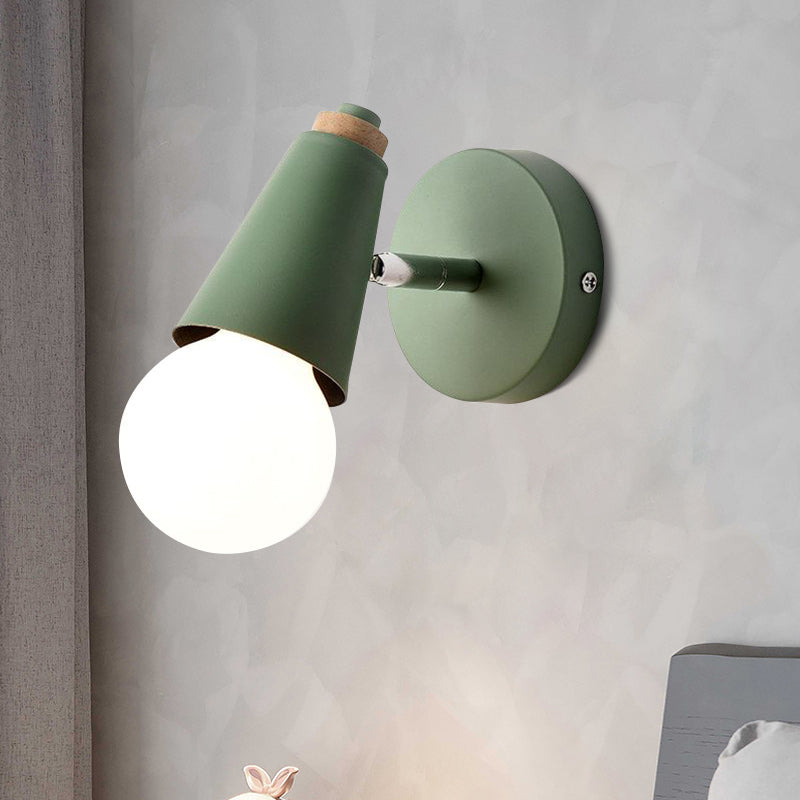 Macaron Loft Sweet Cone Wall Light with Metal/Wood Backplate Rotatable Single Light Wall Lamp in Blue/Green/Pink for Corridor Clearhalo 'Cast Iron' 'Glass' 'Industrial' 'Modern wall lights' 'Modern' 'Tiffany' 'Traditional wall lights' 'Wall Lamps & Sconces' 'Wall Lights' Lighting' 1128001