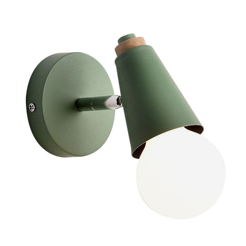 Macaron Loft Sweet Cone Wall Light with Metal/Wood Backplate Rotatable Single Light Wall Lamp in Blue/Green/Pink for Corridor Clearhalo 'Cast Iron' 'Glass' 'Industrial' 'Modern wall lights' 'Modern' 'Tiffany' 'Traditional wall lights' 'Wall Lamps & Sconces' 'Wall Lights' Lighting' 1128002