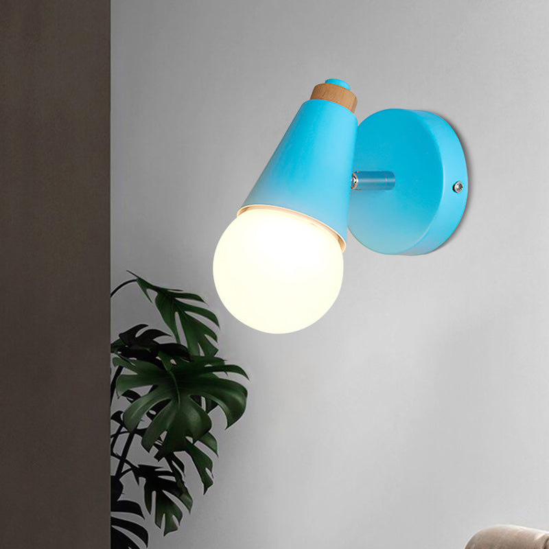 Macaron Loft Sweet Cone Wall Light with Metal/Wood Backplate Rotatable Single Light Wall Lamp in Blue/Green/Pink for Corridor Blue Metal Clearhalo 'Cast Iron' 'Glass' 'Industrial' 'Modern wall lights' 'Modern' 'Tiffany' 'Traditional wall lights' 'Wall Lamps & Sconces' 'Wall Lights' Lighting' 1128007