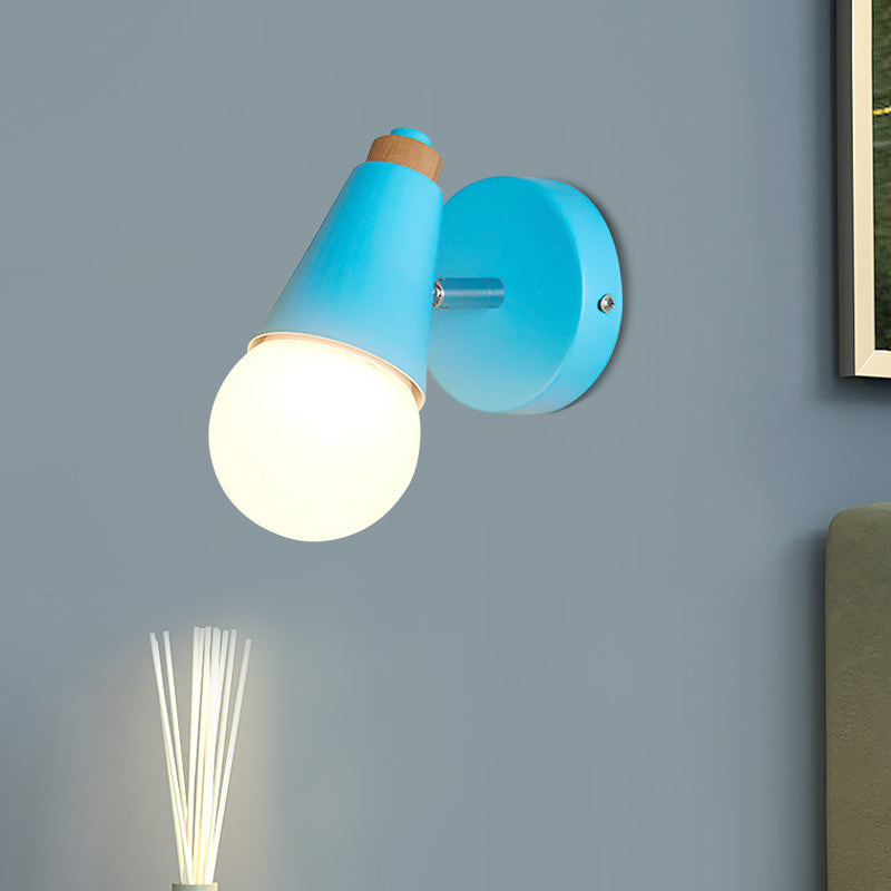 Macaron Loft Sweet Cone Wall Light with Metal/Wood Backplate Rotatable Single Light Wall Lamp in Blue/Green/Pink for Corridor Clearhalo 'Cast Iron' 'Glass' 'Industrial' 'Modern wall lights' 'Modern' 'Tiffany' 'Traditional wall lights' 'Wall Lamps & Sconces' 'Wall Lights' Lighting' 1128008