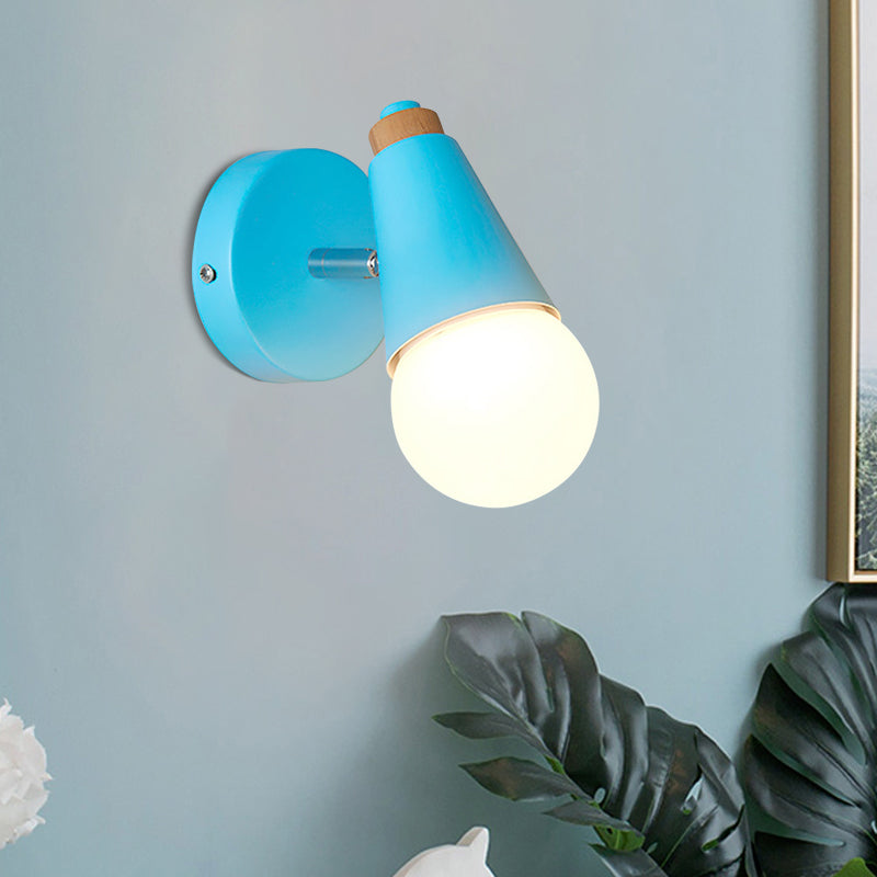 Macaron Loft Sweet Cone Wall Light with Metal/Wood Backplate Rotatable Single Light Wall Lamp in Blue/Green/Pink for Corridor Clearhalo 'Cast Iron' 'Glass' 'Industrial' 'Modern wall lights' 'Modern' 'Tiffany' 'Traditional wall lights' 'Wall Lamps & Sconces' 'Wall Lights' Lighting' 1128009