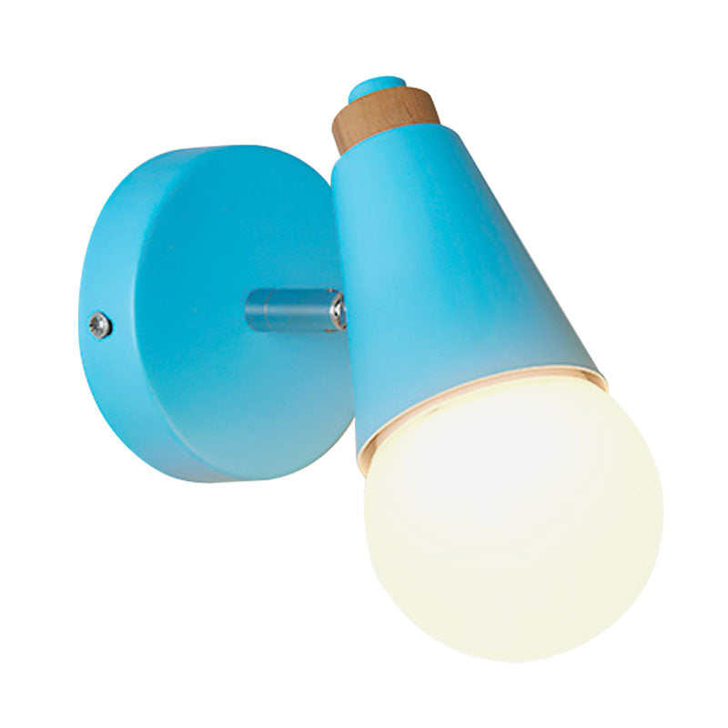 Macaron Loft Sweet Cone Wall Light with Metal/Wood Backplate Rotatable Single Light Wall Lamp in Blue/Green/Pink for Corridor Clearhalo 'Cast Iron' 'Glass' 'Industrial' 'Modern wall lights' 'Modern' 'Tiffany' 'Traditional wall lights' 'Wall Lamps & Sconces' 'Wall Lights' Lighting' 1128010