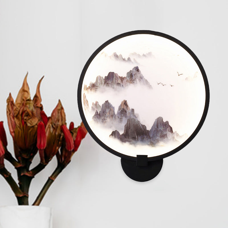 Misty Mountain/Lake Metal Mural Lighting Asia Black LED Hoop Wall Mount Lamp for Bedroom Decor Black B Clearhalo 'Wall Lamps & Sconces' 'Wall Lights' Lighting' 1128015