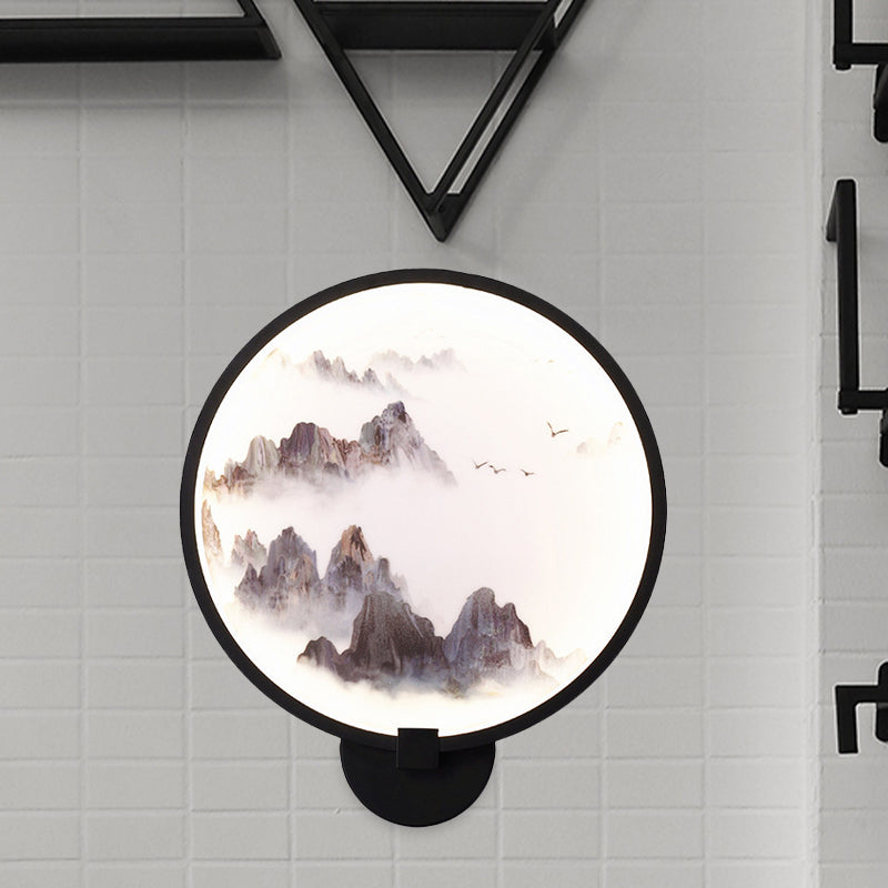 Misty Mountain/Lake Metal Mural Lighting Asia Black LED Hoop Wall Mount Lamp for Bedroom Decor Clearhalo 'Wall Lamps & Sconces' 'Wall Lights' Lighting' 1128016