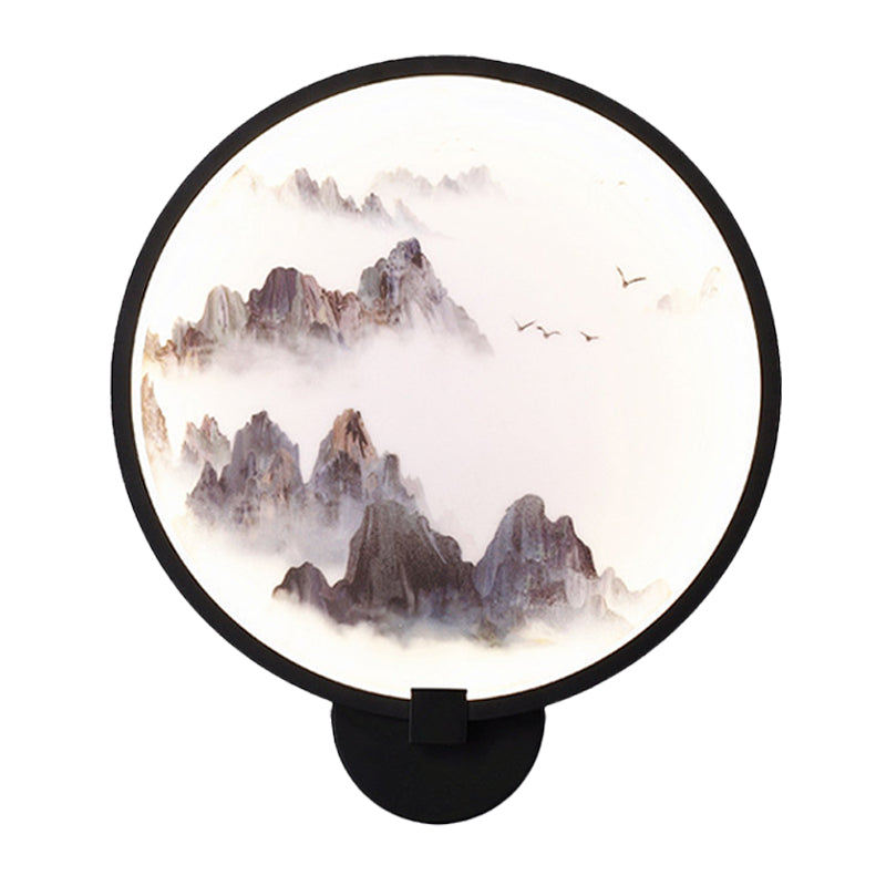 Misty Mountain/Lake Metal Mural Lighting Asia Black LED Hoop Wall Mount Lamp for Bedroom Decor Clearhalo 'Wall Lamps & Sconces' 'Wall Lights' Lighting' 1128018