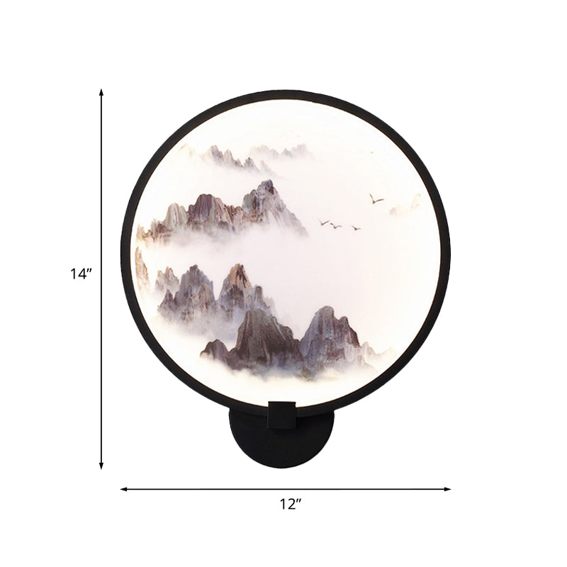 Misty Mountain/Lake Metal Mural Lighting Asia Black LED Hoop Wall Mount Lamp for Bedroom Decor Clearhalo 'Wall Lamps & Sconces' 'Wall Lights' Lighting' 1128019