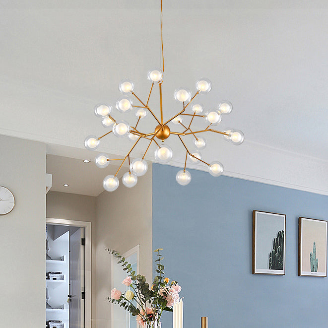 Branching Chandelier Light with Clear Glass Ball Shade Modern Style 9/27 Bulbs Black/White Ceiling Light Fixture 27 Brass Clearhalo 'Ceiling Lights' 'Chandeliers' 'Modern Chandeliers' 'Modern' Lighting' 112864