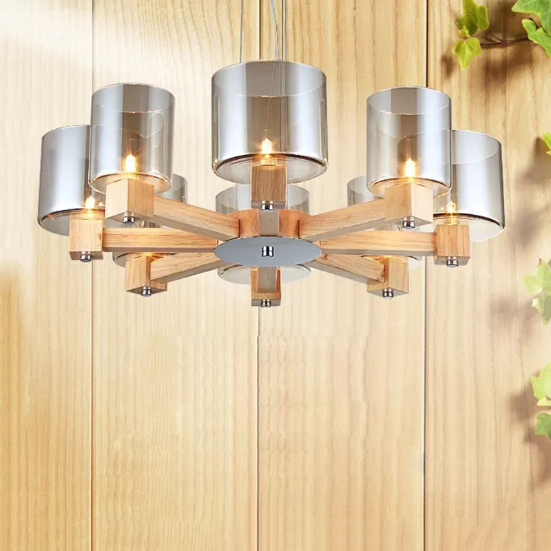 Wood Cylinder Chandelier Light with Radial Design Industrial 4/6/8 Lights Amber Glass Hanging Pendant Lamp 8 Amber Clearhalo 'Ceiling Lights' 'Chandeliers' 'Glass shade' 'Glass' 'Modern Chandeliers' 'Modern' Lighting' 112905