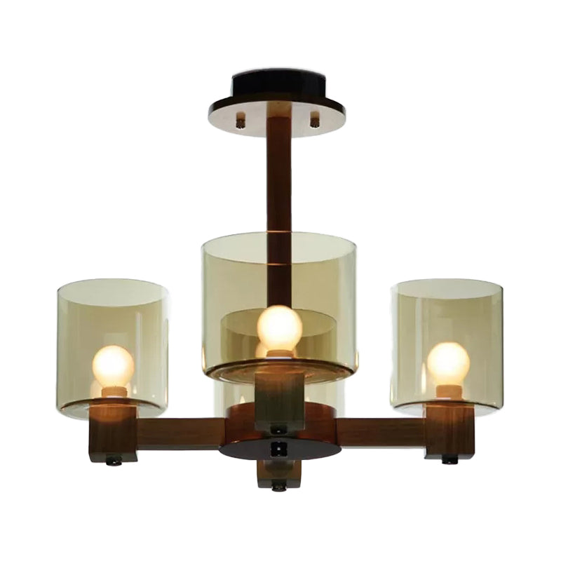 Wood Cylinder Chandelier Light with Radial Design Industrial 4/6/8 Lights Amber Glass Hanging Pendant Lamp Clearhalo 'Ceiling Lights' 'Chandeliers' 'Glass shade' 'Glass' 'Modern Chandeliers' 'Modern' Lighting' 112906