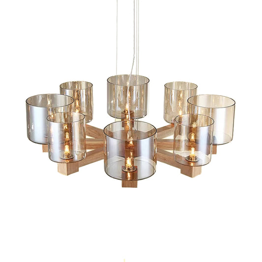 Wood Cylinder Chandelier Light with Radial Design Industrial 4/6/8 Lights Amber Glass Hanging Pendant Lamp Clearhalo 'Ceiling Lights' 'Chandeliers' 'Glass shade' 'Glass' 'Modern Chandeliers' 'Modern' Lighting' 112908