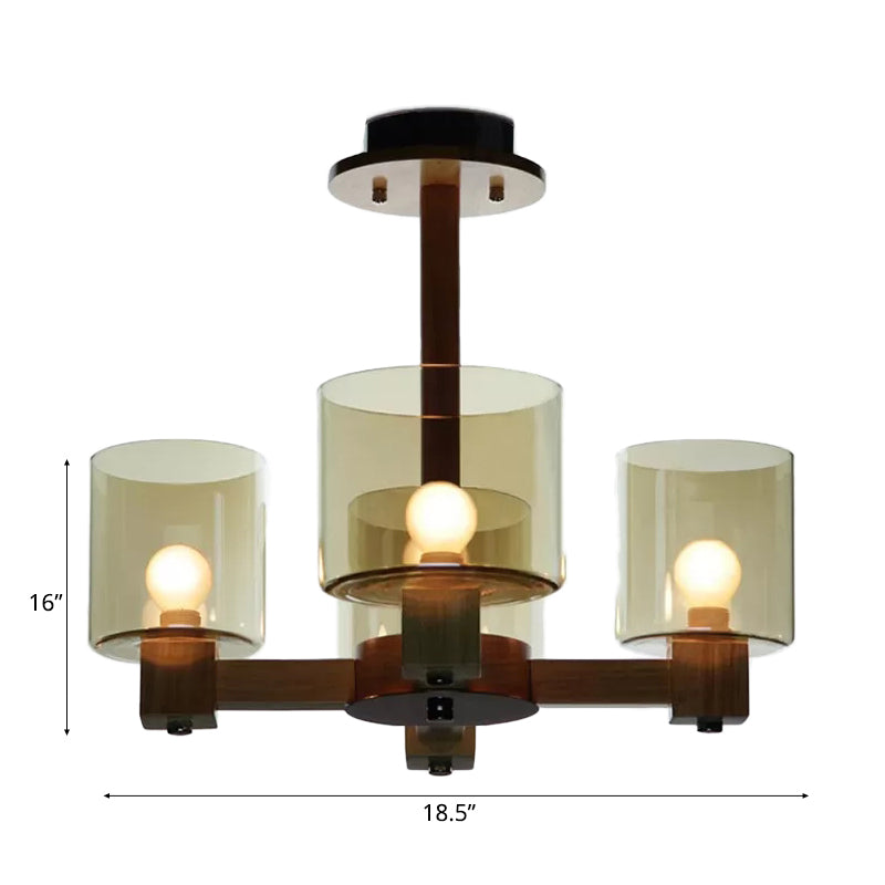 Wood Cylinder Chandelier Light with Radial Design Industrial 4/6/8 Lights Amber Glass Hanging Pendant Lamp Clearhalo 'Ceiling Lights' 'Chandeliers' 'Glass shade' 'Glass' 'Modern Chandeliers' 'Modern' Lighting' 112909