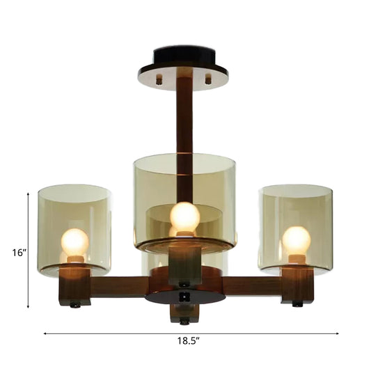 Wood Cylinder Chandelier Light with Radial Design Industrial 4/6/8 Lights Amber Glass Hanging Pendant Lamp Clearhalo 'Ceiling Lights' 'Chandeliers' 'Glass shade' 'Glass' 'Modern Chandeliers' 'Modern' Lighting' 112909