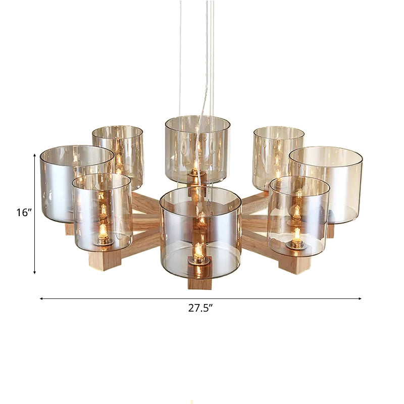 Wood Cylinder Chandelier Light with Radial Design Industrial 4/6/8 Lights Amber Glass Hanging Pendant Lamp Clearhalo 'Ceiling Lights' 'Chandeliers' 'Glass shade' 'Glass' 'Modern Chandeliers' 'Modern' Lighting' 112911