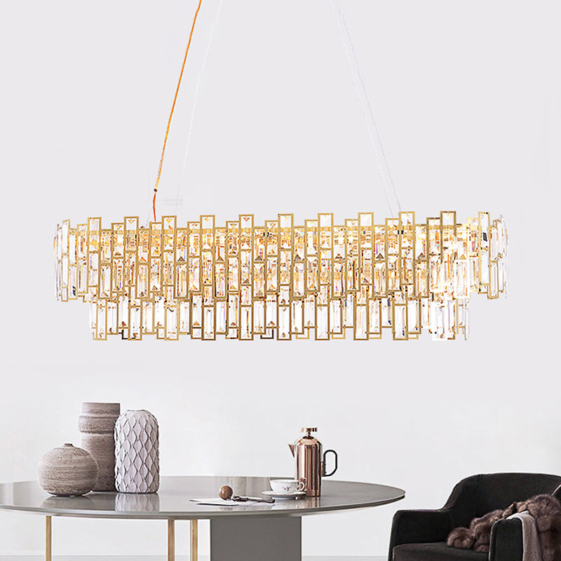 Crystal Block Linear Chandelier Light Contemporary Gold LED Hanging Ceiling Lamp for Living Room, 35.5"/45" Wide Gold Clearhalo 'Ceiling Lights' 'Chandeliers' 'Modern Chandeliers' 'Modern' Lighting' 113045