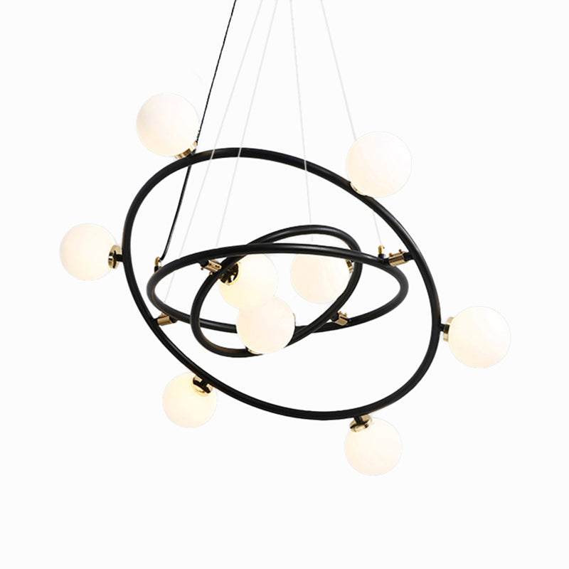 Contemporary Style 9/12/15 Lights Chandelier Black Round Suspension Light with Opal Glass Shade Clearhalo 'Ceiling Lights' 'Chandeliers' 'Modern Chandeliers' 'Modern' Lighting' 113072