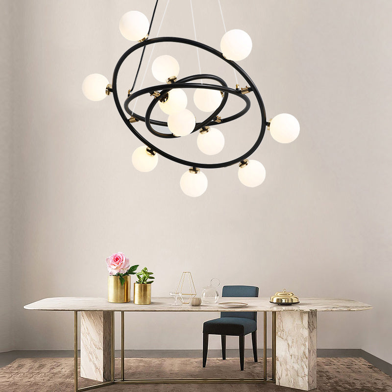 Contemporary Style 9/12/15 Lights Chandelier Black Round Suspension Light with Opal Glass Shade Clearhalo 'Ceiling Lights' 'Chandeliers' 'Modern Chandeliers' 'Modern' Lighting' 113074