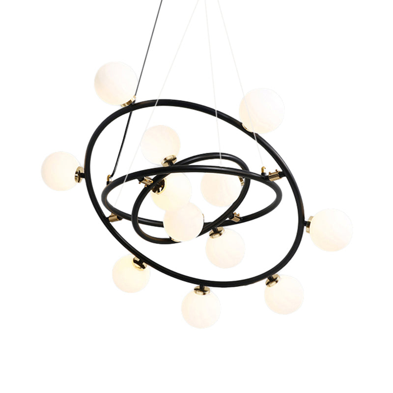 Contemporary Style 9/12/15 Lights Chandelier Black Round Suspension Light with Opal Glass Shade Clearhalo 'Ceiling Lights' 'Chandeliers' 'Modern Chandeliers' 'Modern' Lighting' 113075