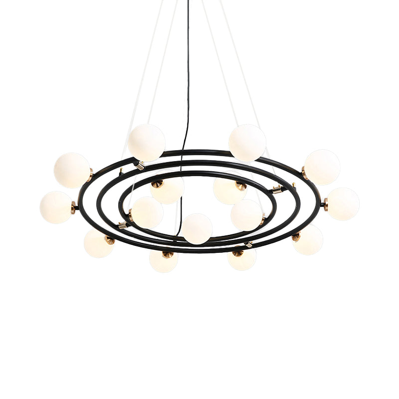 Contemporary Style 9/12/15 Lights Chandelier Black Round Suspension Light with Opal Glass Shade Clearhalo 'Ceiling Lights' 'Chandeliers' 'Modern Chandeliers' 'Modern' Lighting' 113078