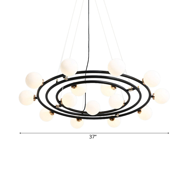 Contemporary Style 9/12/15 Lights Chandelier Black Round Suspension Light with Opal Glass Shade Clearhalo 'Ceiling Lights' 'Chandeliers' 'Modern Chandeliers' 'Modern' Lighting' 113079