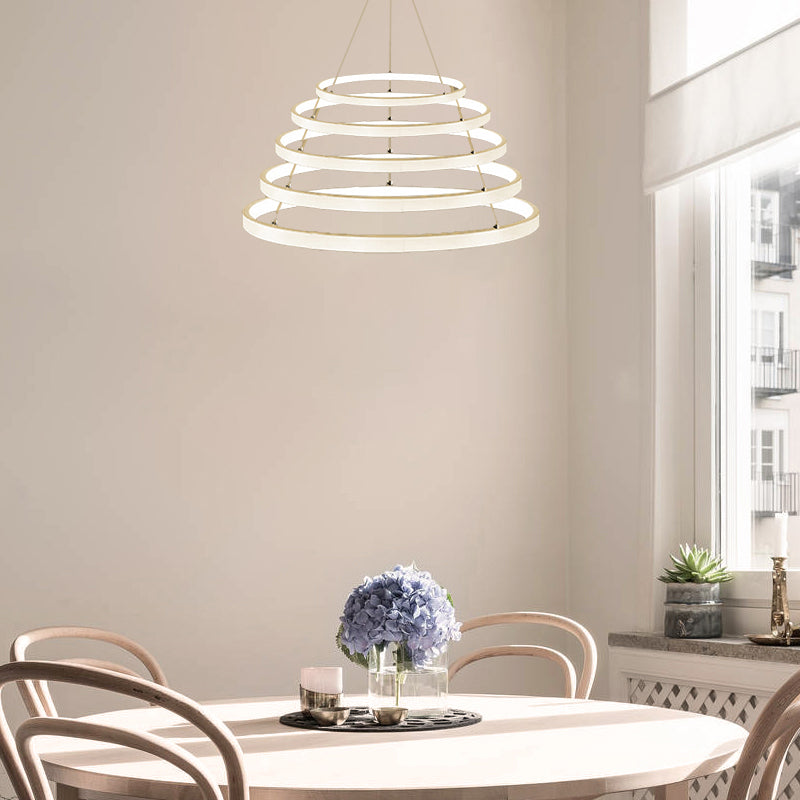 Ring Chandelier Pendant Modern Acrylic LED 3/4/5 Lights Black/White/Brown Ceiling Hung Fixture in Warm/White/Natural Light White Five Rings Clearhalo 'Ceiling Lights' 'Chandeliers' 'Modern Chandeliers' 'Modern' Lighting' 113101