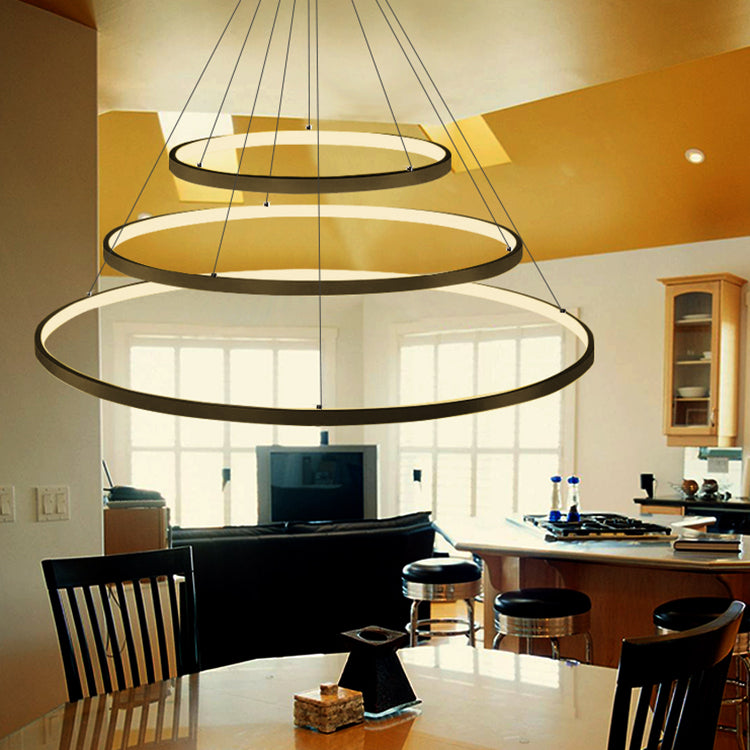 Ring Chandelier Pendant Modern Acrylic LED 3/4/5 Lights Black/White/Brown Ceiling Hung Fixture in Warm/White/Natural Light Black Three Rings Clearhalo 'Ceiling Lights' 'Chandeliers' 'Modern Chandeliers' 'Modern' Lighting' 113111