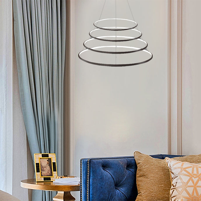 Ring Chandelier Pendant Modern Acrylic LED 3/4/5 Lights Black/White/Brown Ceiling Hung Fixture in Warm/White/Natural Light Black Four Rings Clearhalo 'Ceiling Lights' 'Chandeliers' 'Modern Chandeliers' 'Modern' Lighting' 113115