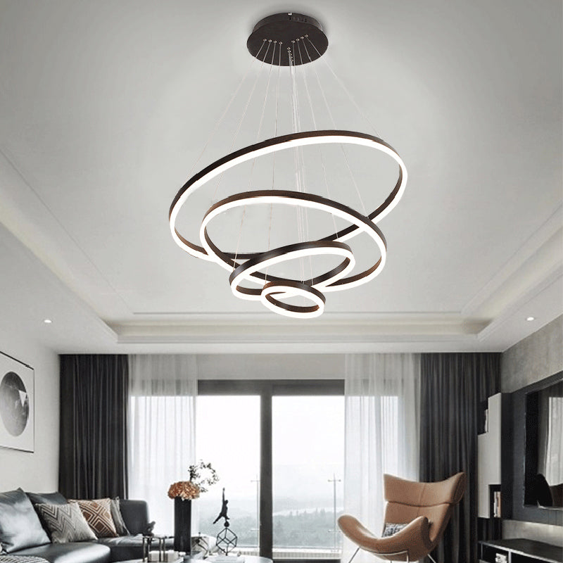 Brown Hoop Chandelier Contemporary 1/2/3-Ring Acrylic LED Ceiling Light Fixture in Warm/White Light Brown Four Rings Clearhalo 'Ceiling Lights' 'Chandeliers' 'Modern Chandeliers' 'Modern' Lighting' 113138