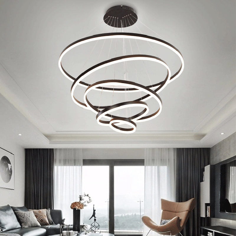 Brown Hoop Chandelier Contemporary 1/2/3-Ring Acrylic LED Ceiling Light Fixture in Warm/White Light Brown Five Rings Clearhalo 'Ceiling Lights' 'Chandeliers' 'Modern Chandeliers' 'Modern' Lighting' 113140