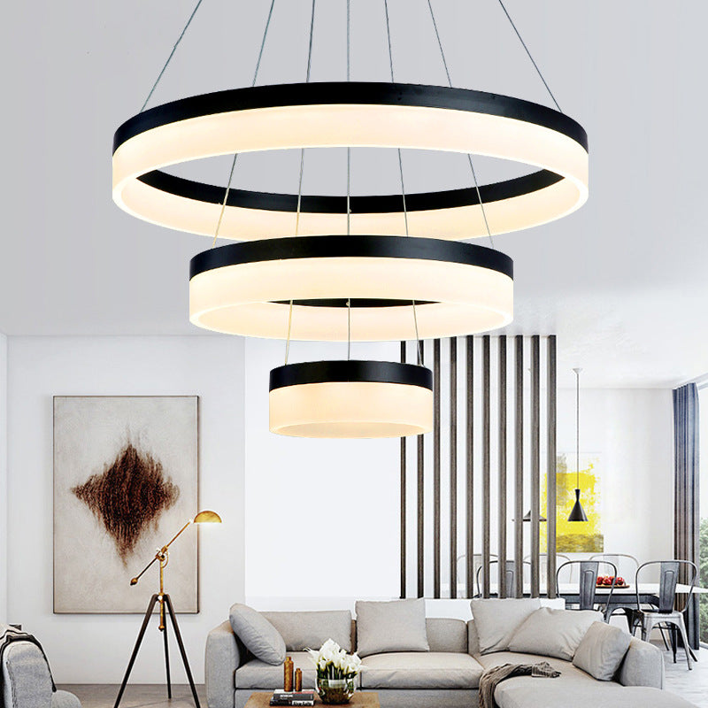 Round Chandelier Pendant Modern Acrylic LED 1/2/3-Light Black/White/Gold Ceiling Light Fixture in Warm/White Light 3 Black Clearhalo 'Ceiling Lights' 'Chandeliers' 'Modern Chandeliers' 'Modern' Lighting' 113231