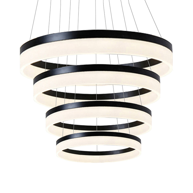 Round Chandelier Pendant Modern Acrylic LED 1/2/3-Light Black/White/Gold Ceiling Light Fixture in Warm/White Light 4 Black Clearhalo 'Ceiling Lights' 'Chandeliers' 'Modern Chandeliers' 'Modern' Lighting' 113234