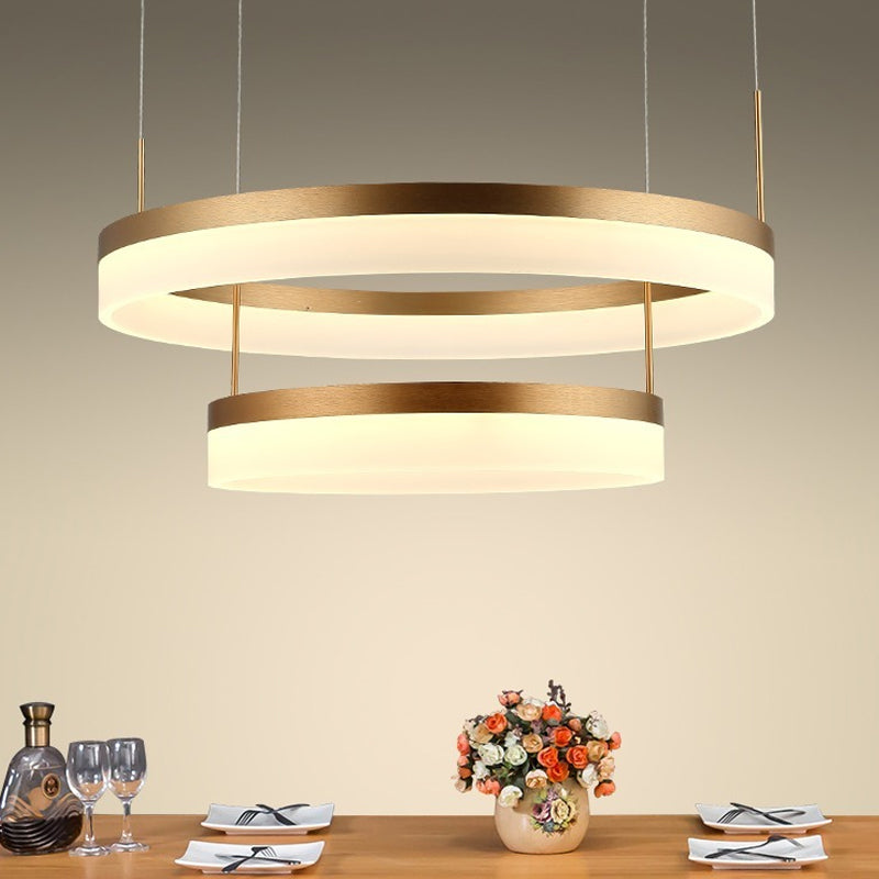 Round Chandelier Pendant Modern Acrylic LED 1/2/3-Light Black/White/Gold Ceiling Light Fixture in Warm/White Light 2 Gold Clearhalo 'Ceiling Lights' 'Chandeliers' 'Modern Chandeliers' 'Modern' Lighting' 113250