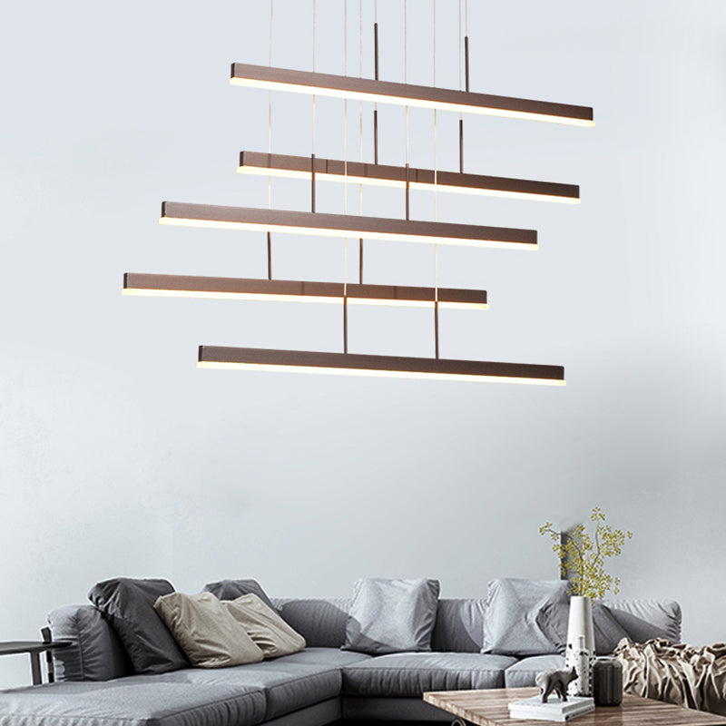 Brown Linear Island Chandelier Modern LED 3/5 Lights Acrylic Hanging Ceiling Lamp in Warm/White Light 5 Brown Clearhalo 'Ceiling Lights' 'Chandeliers' 'Modern Chandeliers' 'Modern' Lighting' 113312