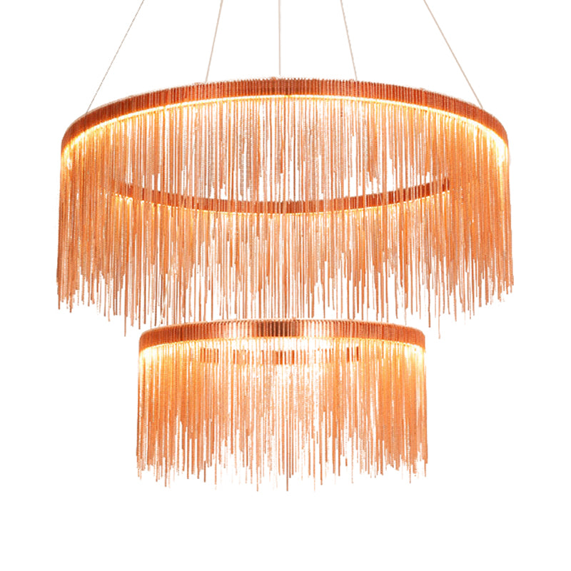 Multi Tiers Ceiling Lamp with Tassel Contemporary Metal 1/2/3 Heads Rose Gold Chandelier Light for Living Room Clearhalo 'Ceiling Lights' 'Chandeliers' 'Modern Chandeliers' 'Modern' Lighting' 113373