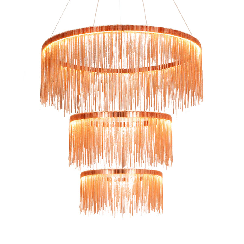 Multi Tiers Ceiling Lamp with Tassel Contemporary Metal 1/2/3 Heads Rose Gold Chandelier Light for Living Room 3 Rose Gold Clearhalo 'Ceiling Lights' 'Chandeliers' 'Modern Chandeliers' 'Modern' Lighting' 113378