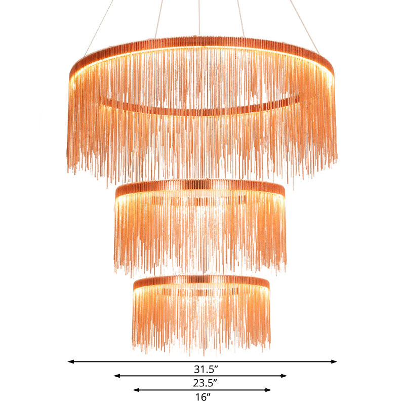 Multi Tiers Ceiling Lamp with Tassel Contemporary Metal 1/2/3 Heads Rose Gold Chandelier Light for Living Room Clearhalo 'Ceiling Lights' 'Chandeliers' 'Modern Chandeliers' 'Modern' Lighting' 113379