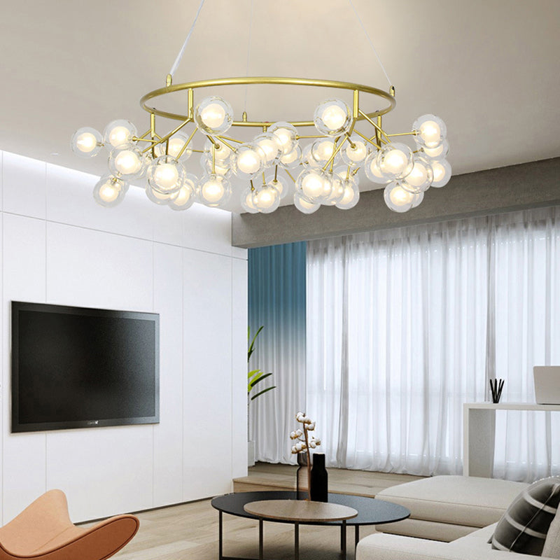 Golden Ring Chandelier Lighting Modern 32"/35.5" W 27/36/45-Light Metal Hanging Light Fixture with Clear Glass Ball Shade Clearhalo 'Ceiling Lights' 'Chandeliers' 'Modern Chandeliers' 'Modern' Lighting' 113381