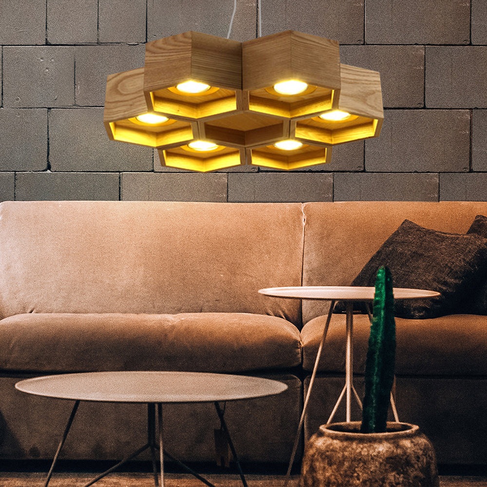 Honeycomb Chandelier Pendant Light Modern Wooden 6-Light Living Room Ceiling Light Fixture Clearhalo 'Ceiling Lights' 'Chandeliers' Lighting' options 113566