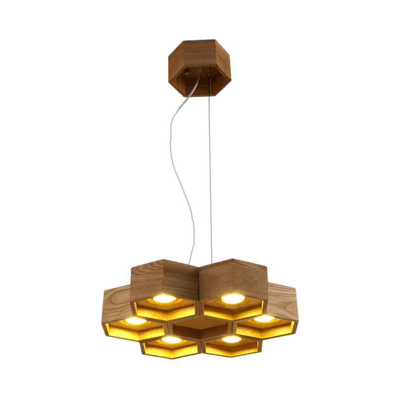 Honeycomb Chandelier Pendant Light Modern Wooden 6-Light Living Room Ceiling Light Fixture Clearhalo 'Ceiling Lights' 'Chandeliers' Lighting' options 113568