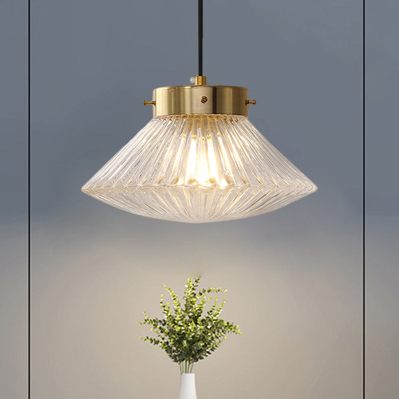 Postmodern 1 Head Drop Pendant Brass Conical Hanging Light Fixture with Clear Ribbed Glass Shade Clear Clearhalo 'Ceiling Lights' 'Close To Ceiling Lights' 'Glass shade' 'Glass' 'Modern Pendants' 'Modern' 'Pendant Lights' 'Pendants' Lighting' 1135699