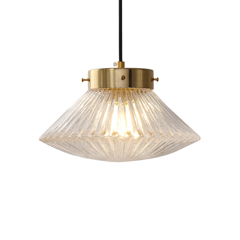 Postmodern 1 Head Drop Pendant Brass Conical Hanging Light Fixture with Clear Ribbed Glass Shade Clearhalo 'Ceiling Lights' 'Close To Ceiling Lights' 'Glass shade' 'Glass' 'Modern Pendants' 'Modern' 'Pendant Lights' 'Pendants' Lighting' 1135701