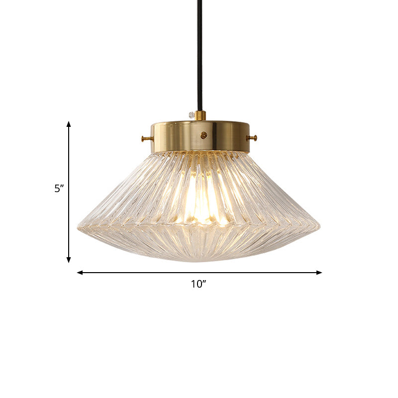 Postmodern 1 Head Drop Pendant Brass Conical Hanging Light Fixture with Clear Ribbed Glass Shade Clearhalo 'Ceiling Lights' 'Close To Ceiling Lights' 'Glass shade' 'Glass' 'Modern Pendants' 'Modern' 'Pendant Lights' 'Pendants' Lighting' 1135702